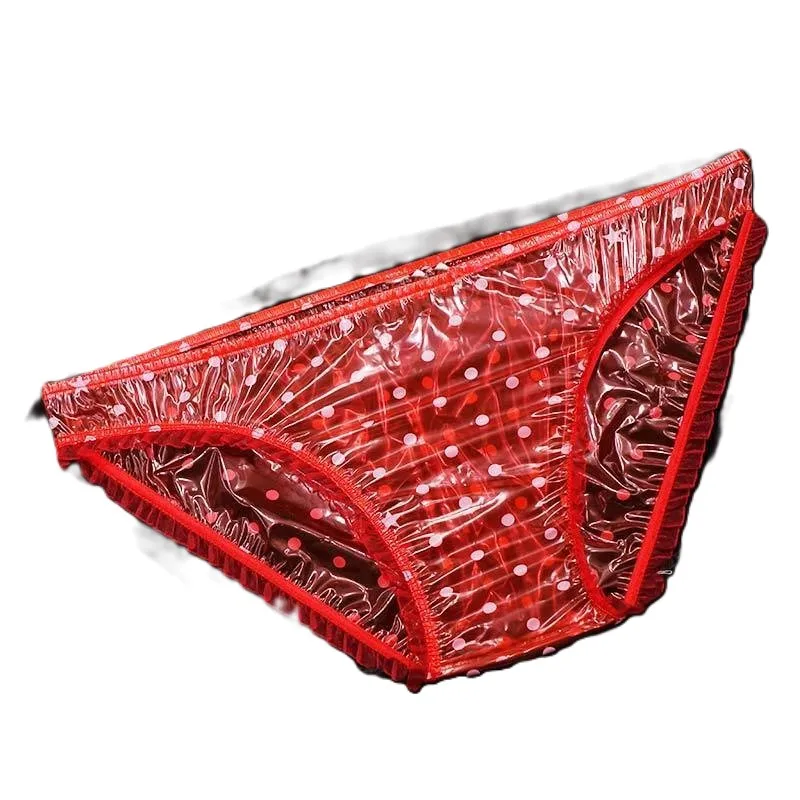 

Мужские и женские сексуальные пластиковые водонепроницаемые трусы из ПВХ, эротические бюстгальтеры-бикини, красный кружевной край с бантом в горошек, прозрачная пластиковая пленка, нижнее белье