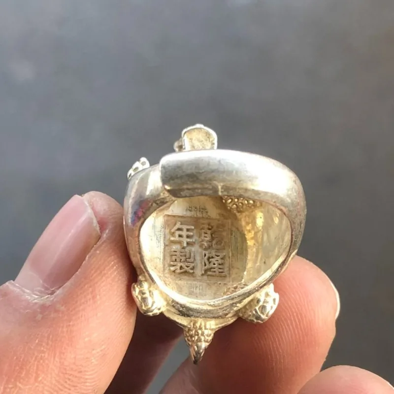 Antique Qianlong Style Dragon Turtle Copper Ring, Retro Craft Ring Inlaid with White Beads Collectible Jewelry