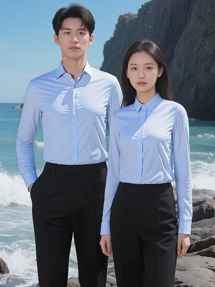 

Blue Long Sleeve Shirt Women's Formal Interview Commute Slim Fit Top OL Personality Professional Clothing Men's Shirt Work Un...