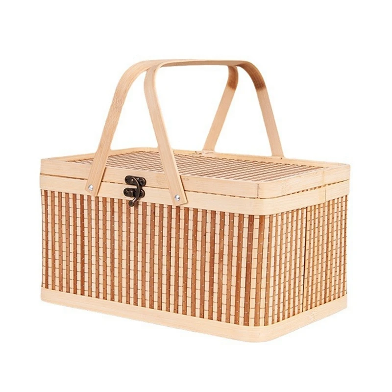 Woven Baskets Portable Picnic Baskets Fruits Natural Holder Lid Bread Zongzi Organizer