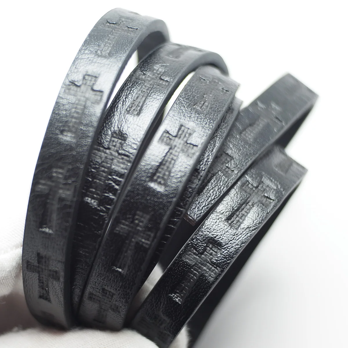 46inch Black Leather Cord,Cross Embossed,10x3mm Leather Strip,Vintage Jewelry Cord, Waist Chain Bracelet Making