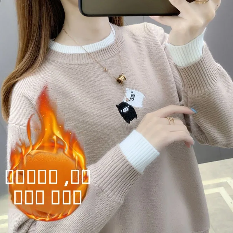 

Autumn Winter Fce Lined Knitted Warm Sweatirt Student Long Sve Base Layer Loose Size Large Overhead Sweater for Women