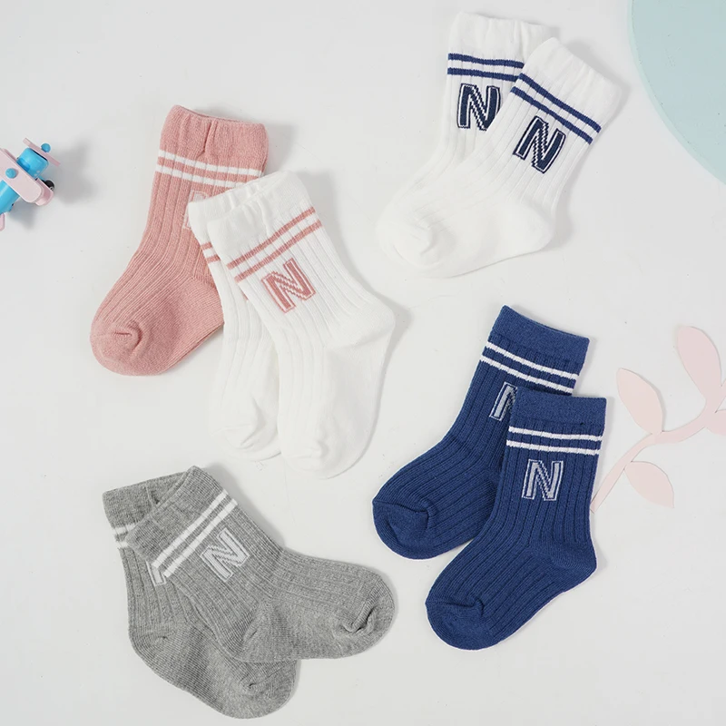 3 Pairs Baby Letter Socks Knit Soft Cotton Sock Kids Long Knee High Socks Infant Toddler Baby Boys Girls Cute Stripe Socks