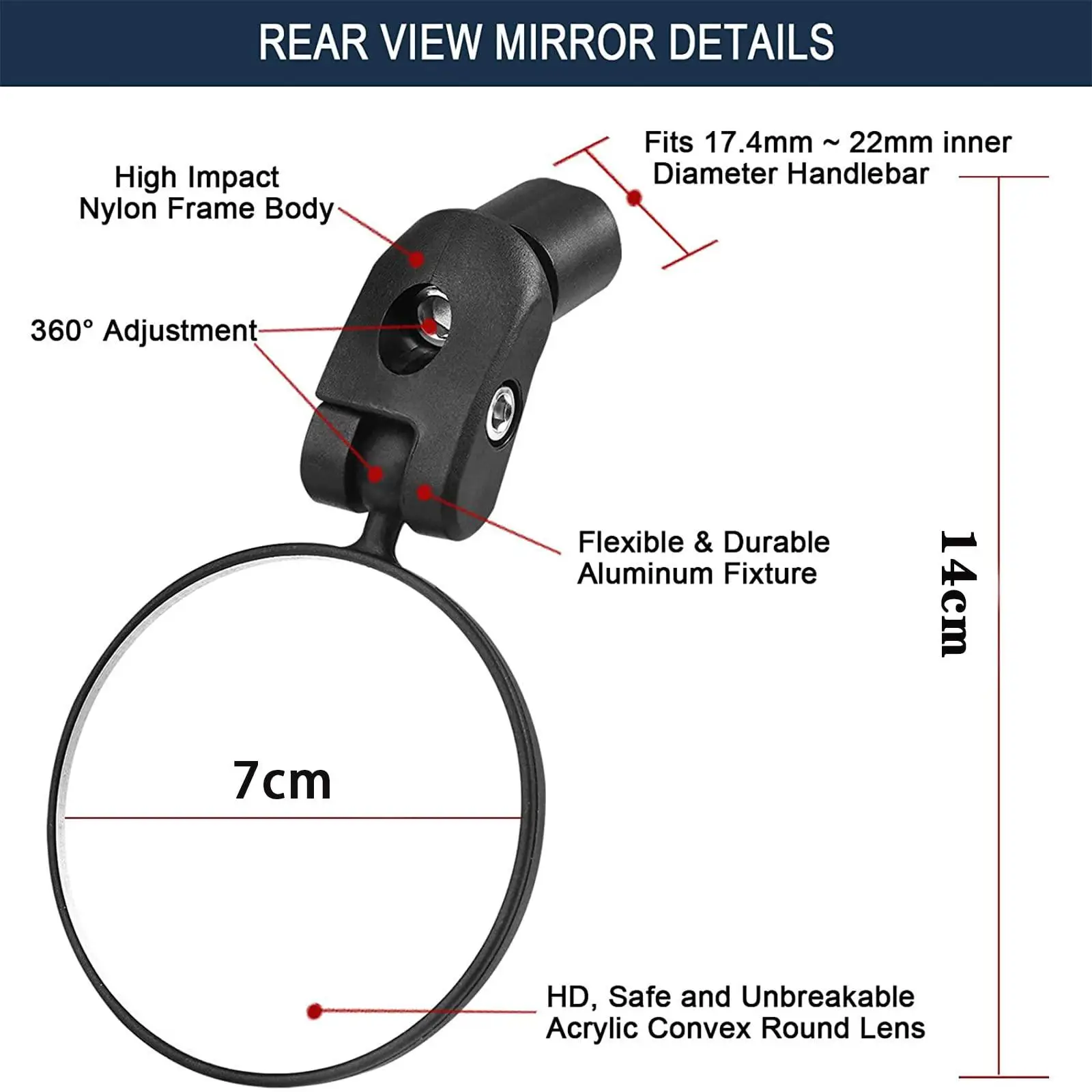 

Cycling Handlebar Rear View Mirrors Convex Glass Safety Reflector Adjustable for Scooter Mountain Bike