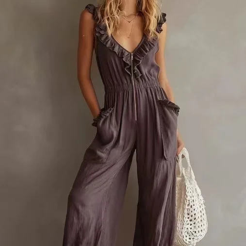 Women's V-Neck Sleeveless Pleated Waist Romper Elastic Wide Leg Casual Workwear Jumpsuit Long Pants