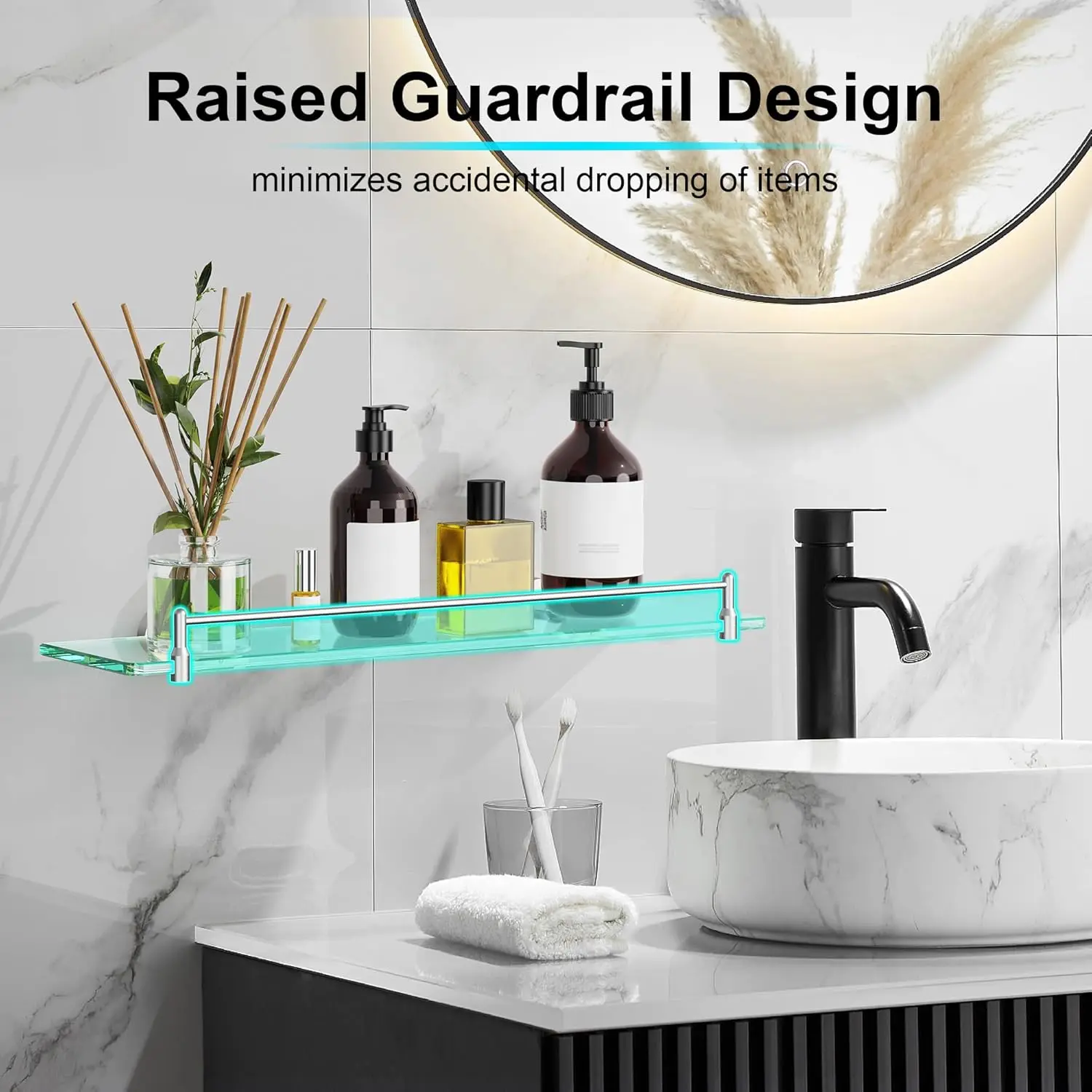 Brushed Nickel Finish Bathroom Wall Shelf Heavy Duty Tempered Glass Floating Shelves Home Bathroom Shower Storage Holder