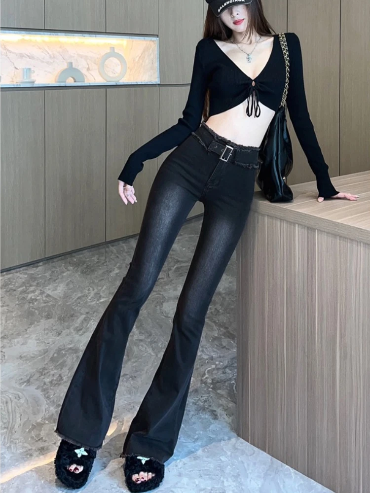 레트로 프린지 마이크로 플레어 진 여성용 가을 하이웨이스트 디자인 감각적인 탄력 있는 타이트 핏 바닥까지 닿는 힙 허깅 팬츠