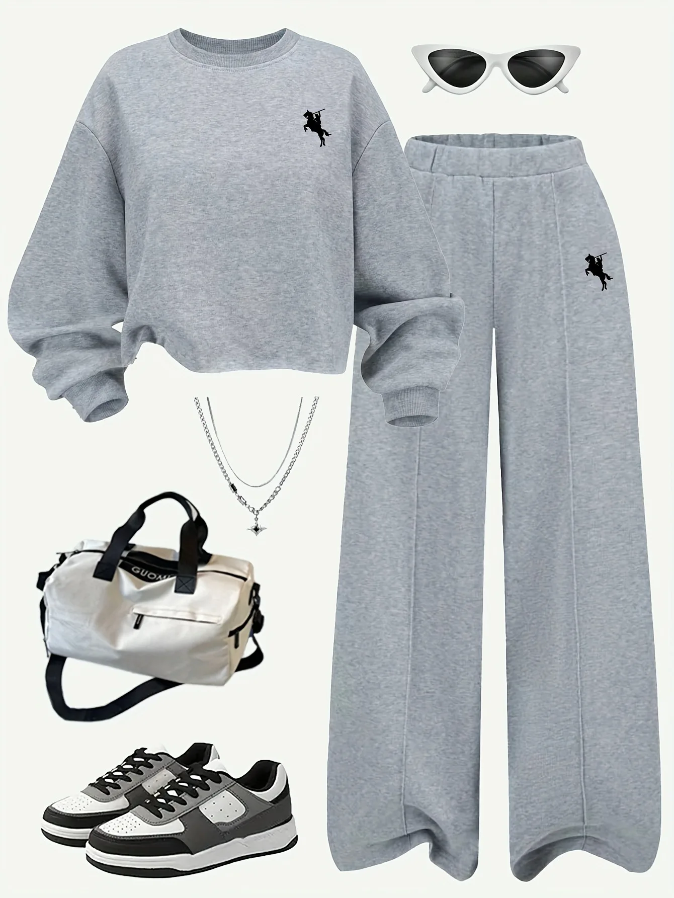 Horse Logo Girls 2 Piece Set Grey Sweatshirt & Wide Leg Trousers Cute Casual Outfit for Spring Fall