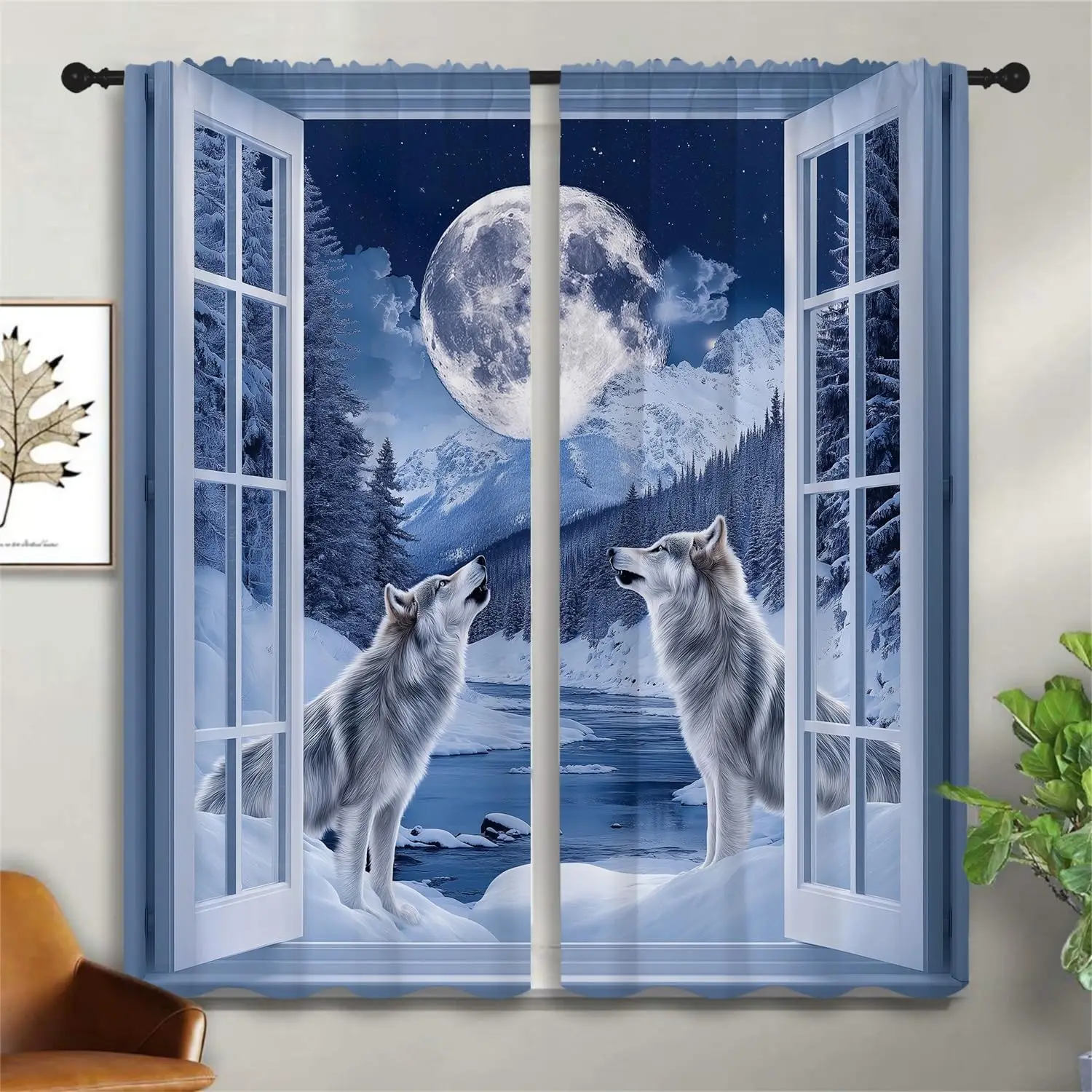 Snow Forest Wolf Boy Girls Blackout Curtains,Winter Wildlife Woodland Wolf Howling Moon Fashion Style,2 Panel Rod Pocket Thermal