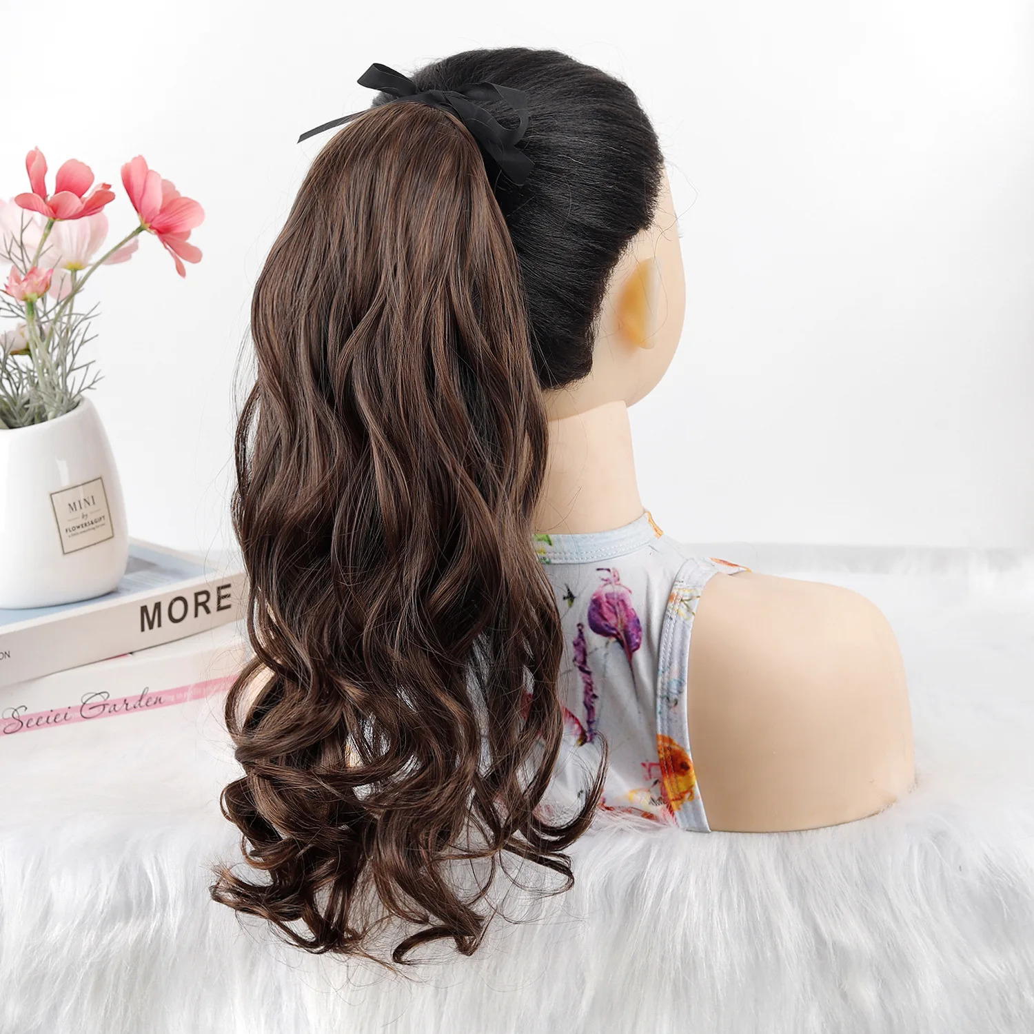 Long Wavy Tie On Ponytail Hair Extension 18 Inch 100g Synthetic High Ponytail Curly Wrap Around Hairpiece For Women Party Daily 5
