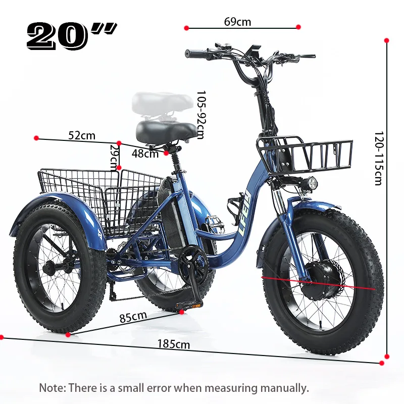 Aluminum Electric Tricycle 20*4.0 Snow Fat Tire 48V13Ah Removable Lithium Battery 3Wheel E Bike With Front & Rear Cargo Baskets