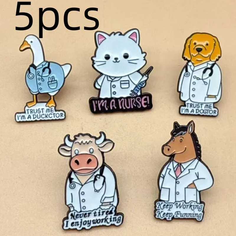 5pcs Cute Cartoon Cat Dog Doctor Nurse Enamel Brooch Animal Lapel Pin Backpack Clothing Badge Accessories