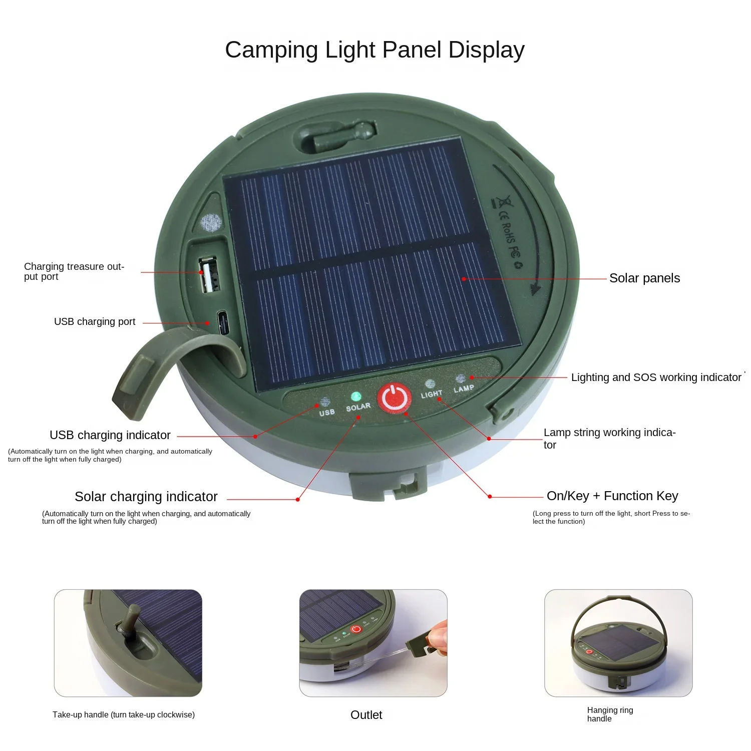 Solar outdoor camping light tent emergency ambient light lighting tape measure storage camping light string