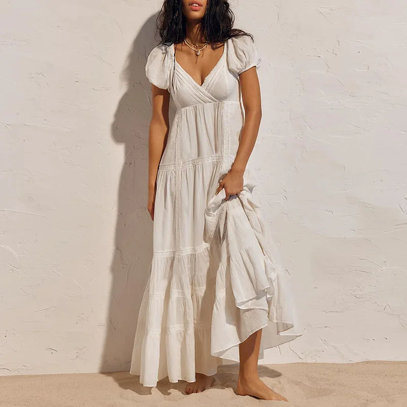 

Sexy Backless Hollow Tie-Up Long Dress Women Elegant V-neck Short Sleeve Vacation Dress Fashion Draped Hight Waist Solid Gowns