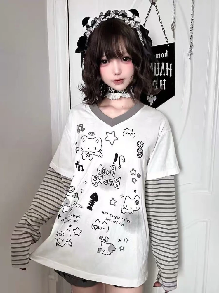 HOUZHOU Y2k White Kawaii Juminocore Women Fake Two Piece T-Shirts Cute Striped Long Sleeve Japanese Style Tees Loose Aesthetic