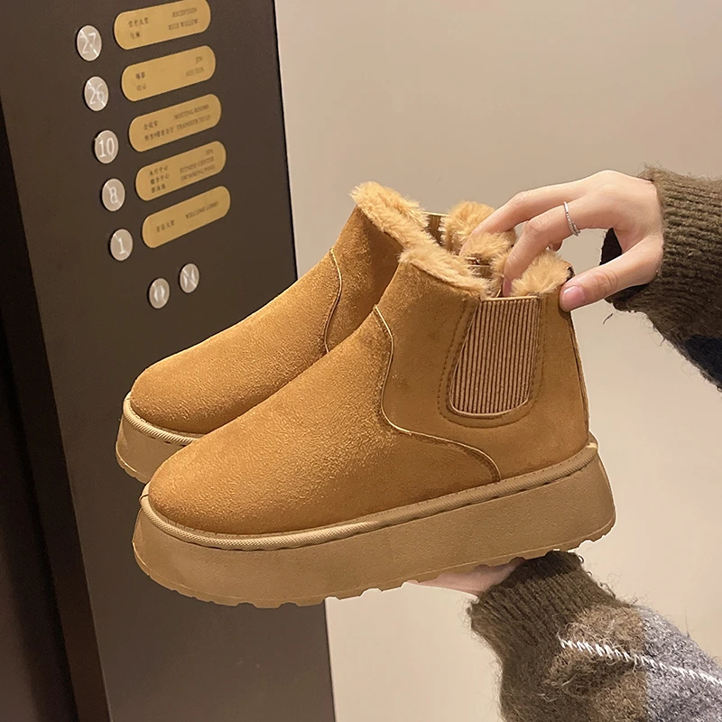 2024 Winter Frauen Kurze Plüsch Warme Schnee Stiefel Casual Schuhe Neue Wildleder Pelz Chelsea Stiefeletten Wohnungen Plattform Damen Schuhe botas