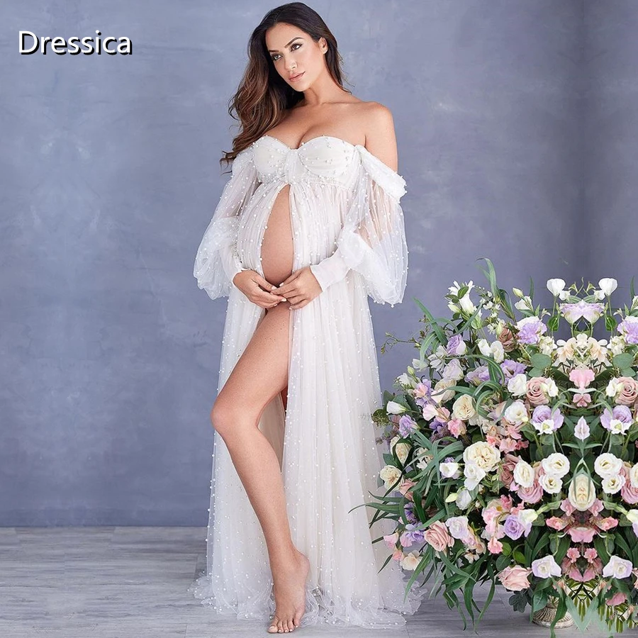 

Pearl Tulle Maternity Robes Women Long Sleeve Off Shoulder Bathrobe Photo Shoot Dresses Birthday Sexy Bridal Fluffy Sleepwear