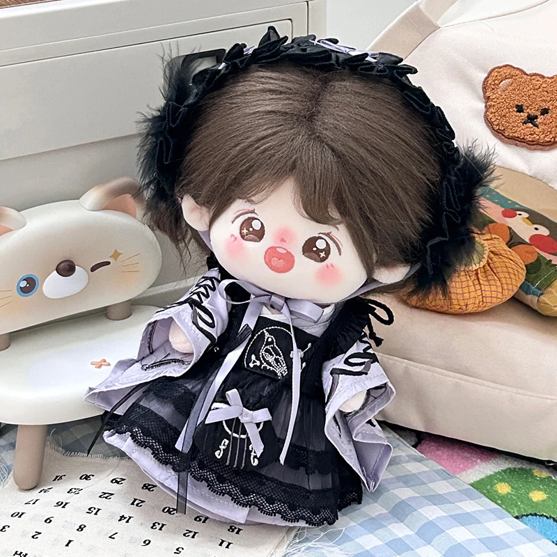 

20cm Plush Doll Clothes Handmade Color Blocking Bow Lace Hairband Purple Dress Sweet Black Sling Dress Embroidered Bag Set Toy