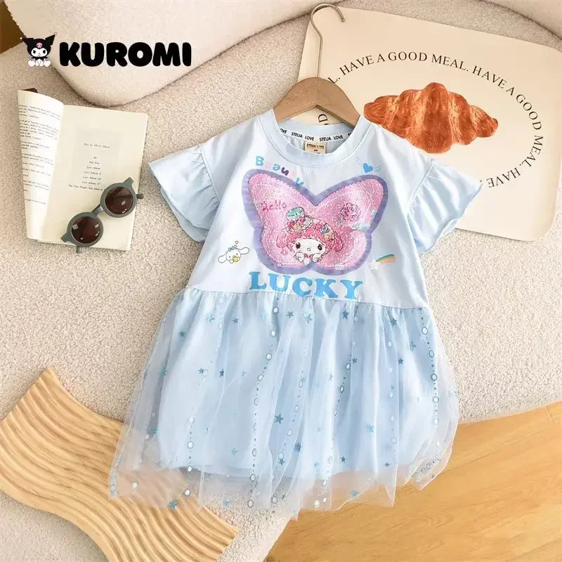 

Kuromi Kawaii Anime Sanrio Ins Princess Short Sleeve Shirt Dress Girls Dress Cute Cartoon My Melody Skirt Baby Clothes Gifts