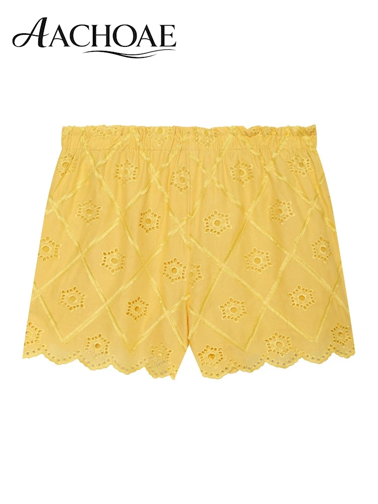 AACHOAE Women Boho Eyelet Embroidered Cotton Shorts High Waist Scallop Hem Beach Vacation Casual Summer Loose Shorts