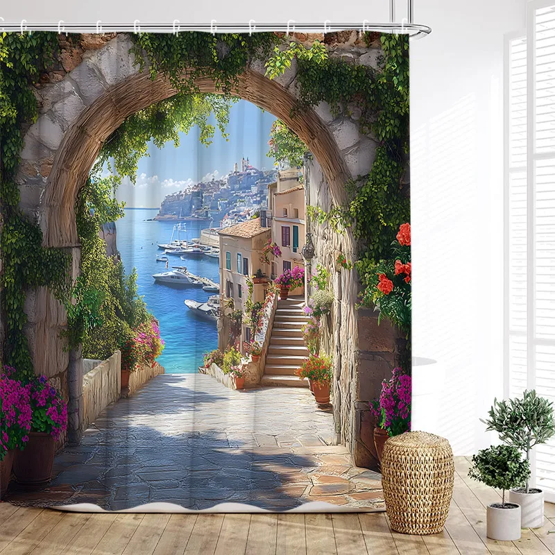 Vintage Italian Street Shower Curtain Arch Architecture Floral Plant Scenery Fabric Home Bathroom Decor Bath Curtains With Hooks