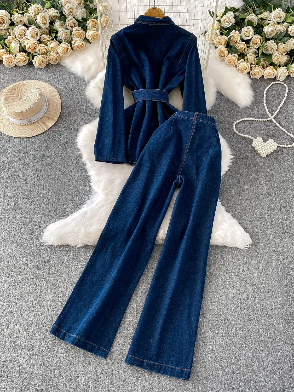 Retro Hong Kong Sle Single Button Slim Fit Denim Jaet High Waist Wide Leg Pants Two Piece Set Autumn Winter Faion Ensemble