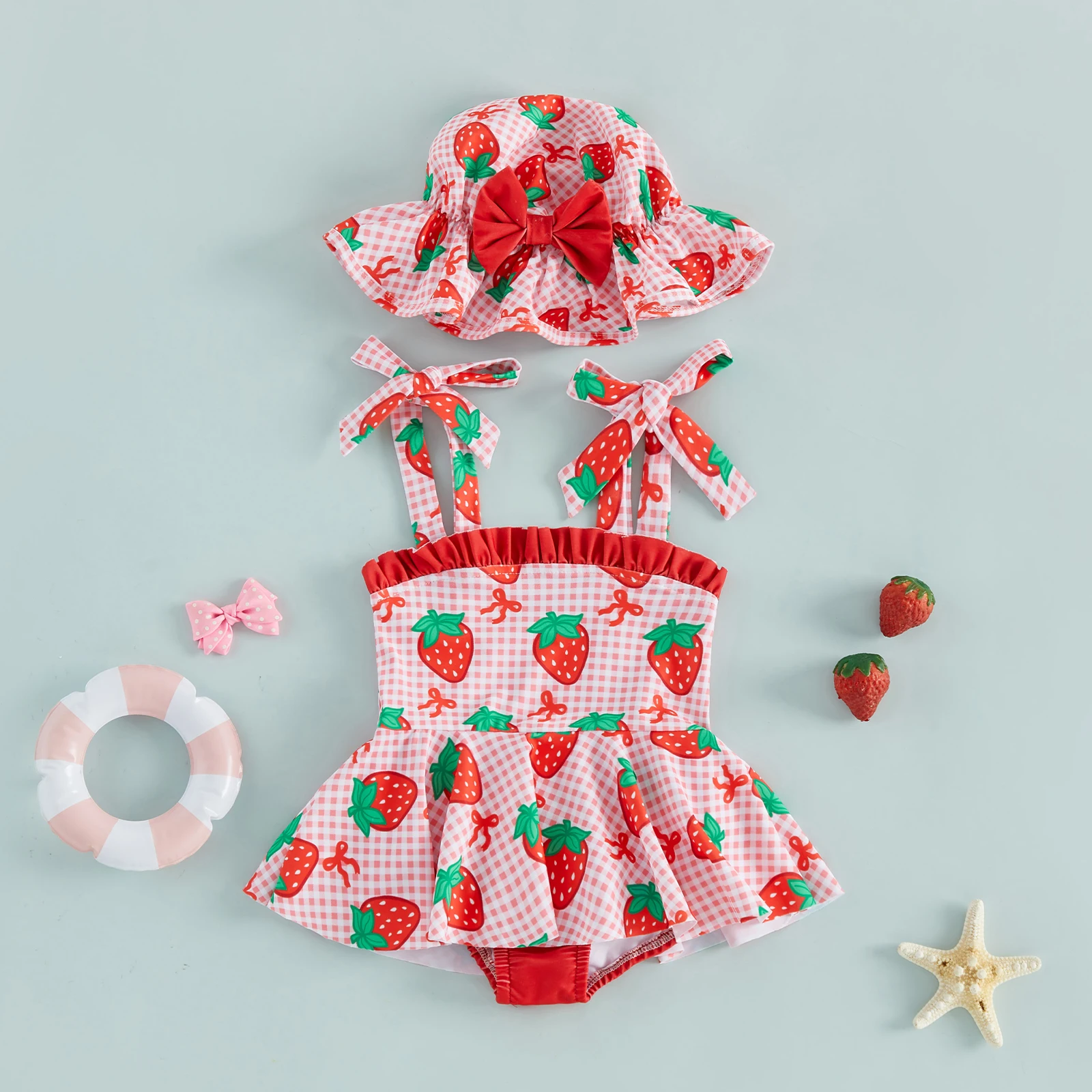 0-4Y Summer Toddler Girls Bodysuits Swimsui Sleeveless Plaid Strawberry Print Bikini with Hat Swimwear Bathing Suit