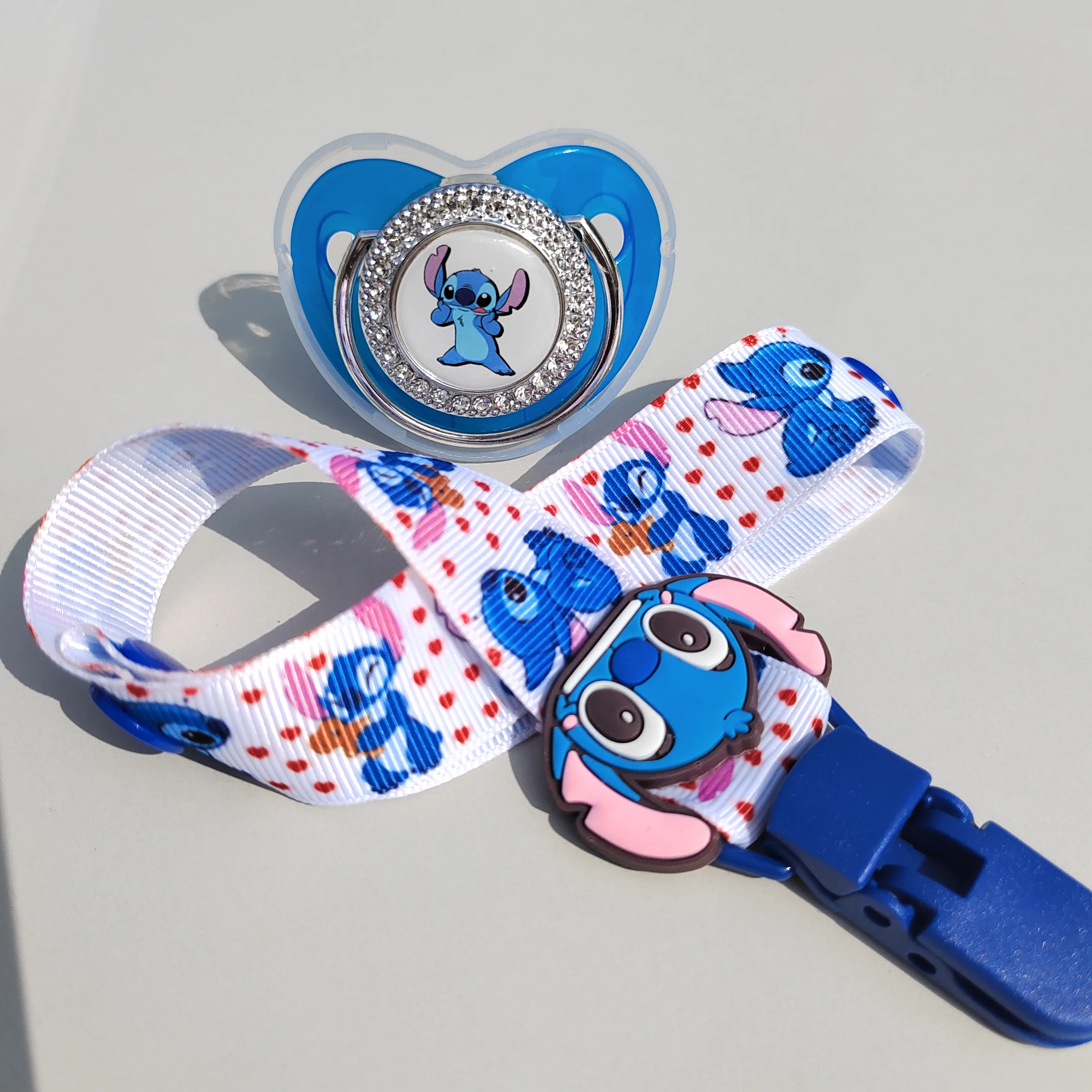 Disney Kawaii Accessories Stitch Cartoon Print Tetine Pacifier Clip Holder Infant Toys 0-18 Months Chew Necklace Sensory Tools