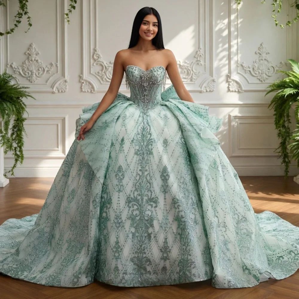 

2026 Sweetheart Green Quinceanera Dress Sleeveless Lace Up Back Crystal Embroidery Bow Vestido De 15