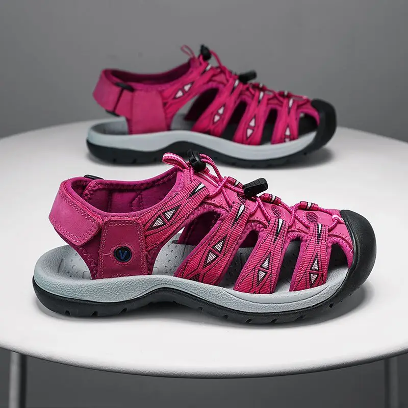 Luxury Genuine Leather Sport Sandals for Women, Outdoor Travel Closed-Toe Beach Shoes, Trendy Casual Style