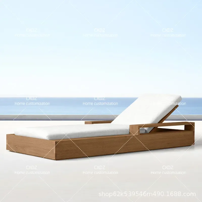 Outdoor Teak Wood Lounger Bed Waterproof Solid Wood Sunbed for Villa Hotel Swimming Pool Seaside Patio Garden Furniture