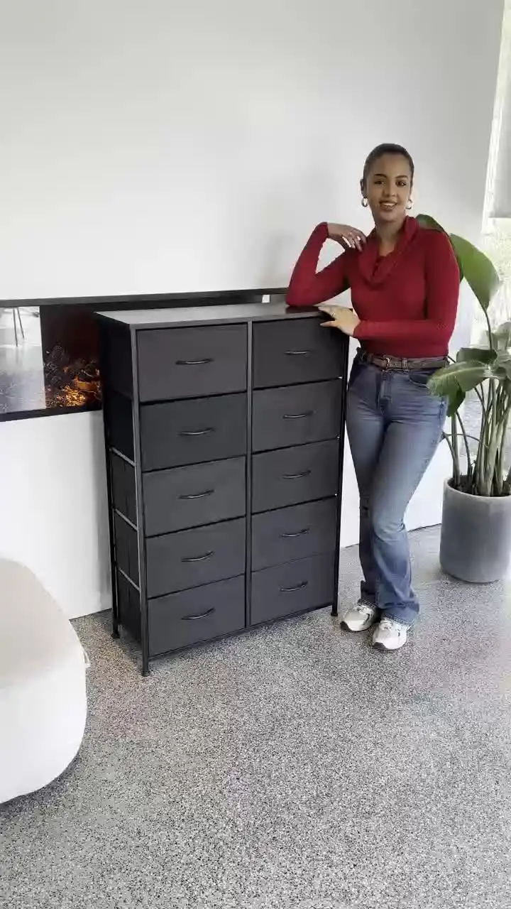 JHK Bedside Table For Bedroom With 10 Fabric Drawers Wardrobe Steel Frame Closet For Storage Cabinet Living Room Of Furniture