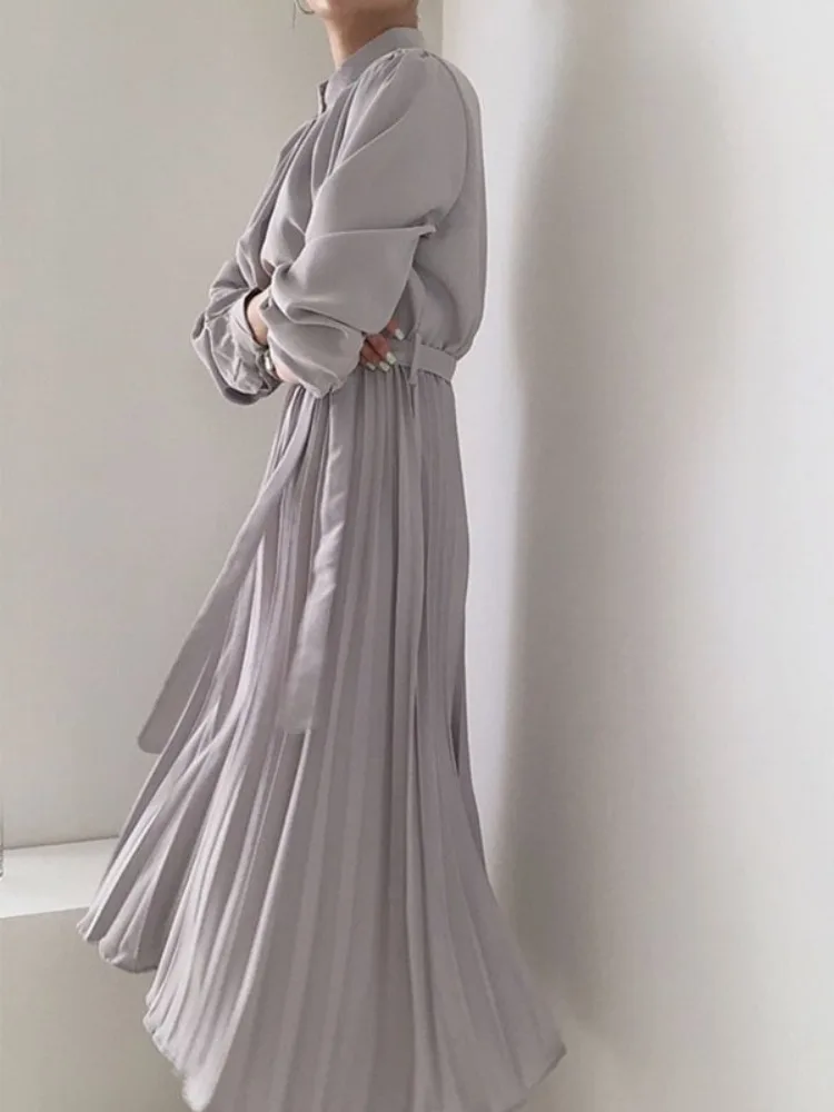 Ele mat longue longueur genou Wrap Dr femme coupe ajustée col montant simple bouton jupe trapèze Maxi Dr