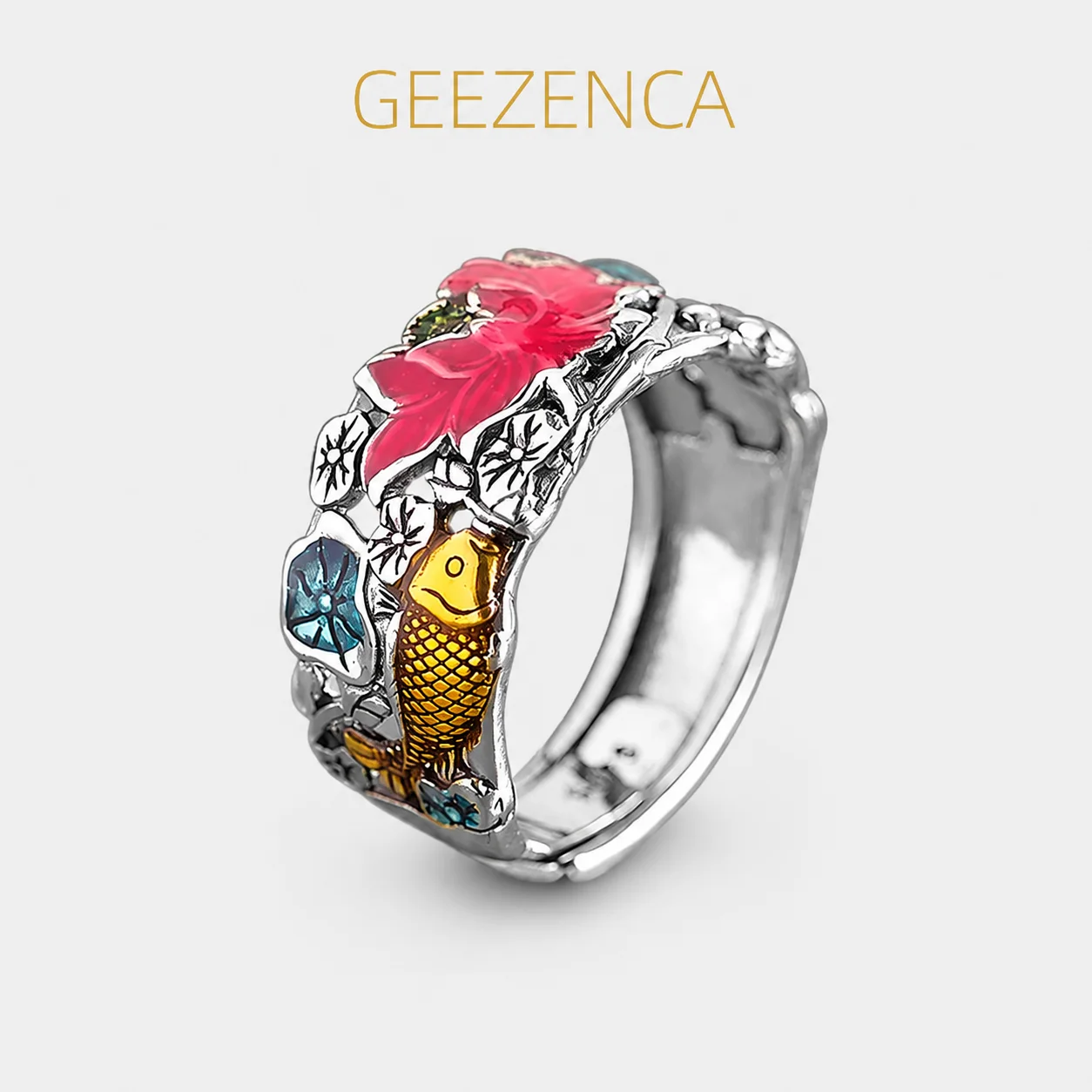 GEEZENCA 925 Sterling Silver Enamel Lotus Koi Lucky Rings For Women Vintage Ethnic Oriental Style Resizable Ring 2022 New Gift