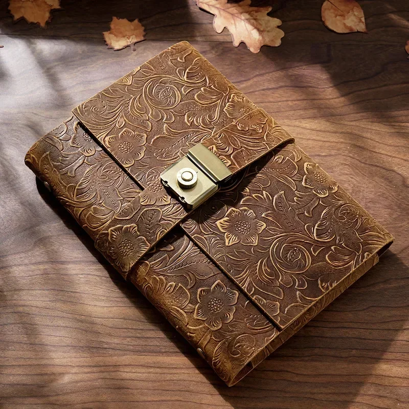 New Genuine Leather A5 Rings Planner Casual Password Book With Lock Diary Creative Vintage Notepad School Student Stationary