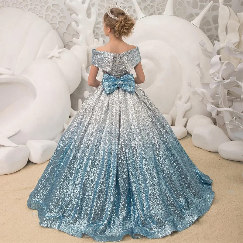 Bling Bling Baby Flower Girl Dresses Sequins Off Shoulder Prom Wedding Party Evening Gowns Kids Children