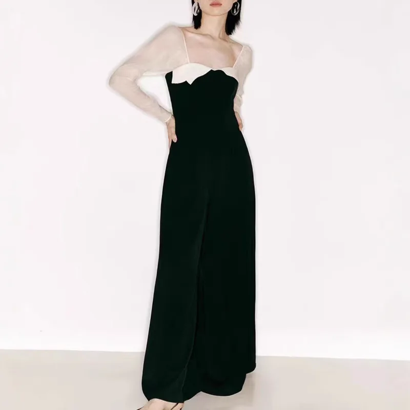 QMQA موضة المرأة بذلة أنيقة الراقية الألوان المتناقضة المتخصصة عالية الخصر التخسيس واسعة الساق حللا 2025 أنثى QM476