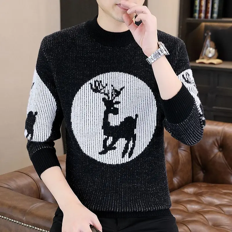 Autumn Winter Men's Clothing Pullover Sweater Knitted Long Sleeve Round Neck Cartoon Contrast Color Casual England Style Tops