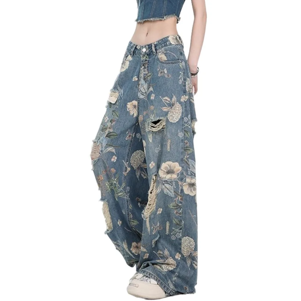 

Элегантные джинсы с цветочным принтом, женские мешковатые прямые джинсовые брюки Y2K Ins, рваные свободные рваные полые брюки, весна-осень