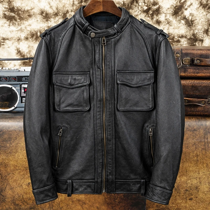 Vintage Black Autumn Leather Jacket Men Retro Style Plus Size 5XL Natural Cowhide Stand Collar Genuine Leather Coat