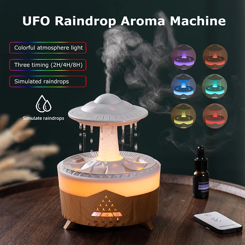 

UFO капля дождя ароматический диффузор диффузор эфирного масла с дистанционным управлением 7 красочных огней ароматический диффузор увлажнитель воздуха для дома