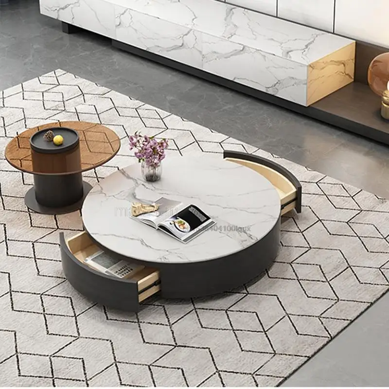 New Round Bright Rock Slab Coffee Table Set Mild Luxury Brown Glass Tea Table And MultifunctionMarble TV Cabinet Home Furniture