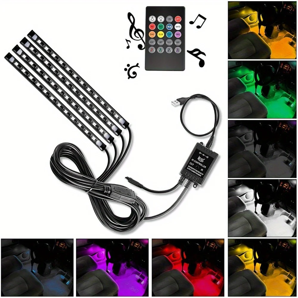 48 LED Car Interior Strip Lights Multicolor Under Dash Lighting Kit USB Wireless APP Remote Control Music Sync Auto LED Lights