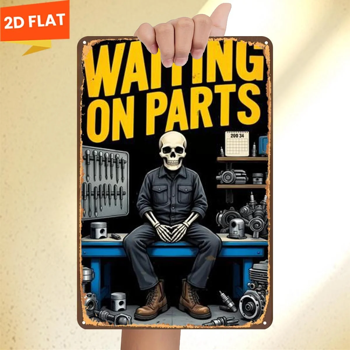 2D Flat Vintage 8x12in Aluminum Wall Art Skeleton Mechanic 