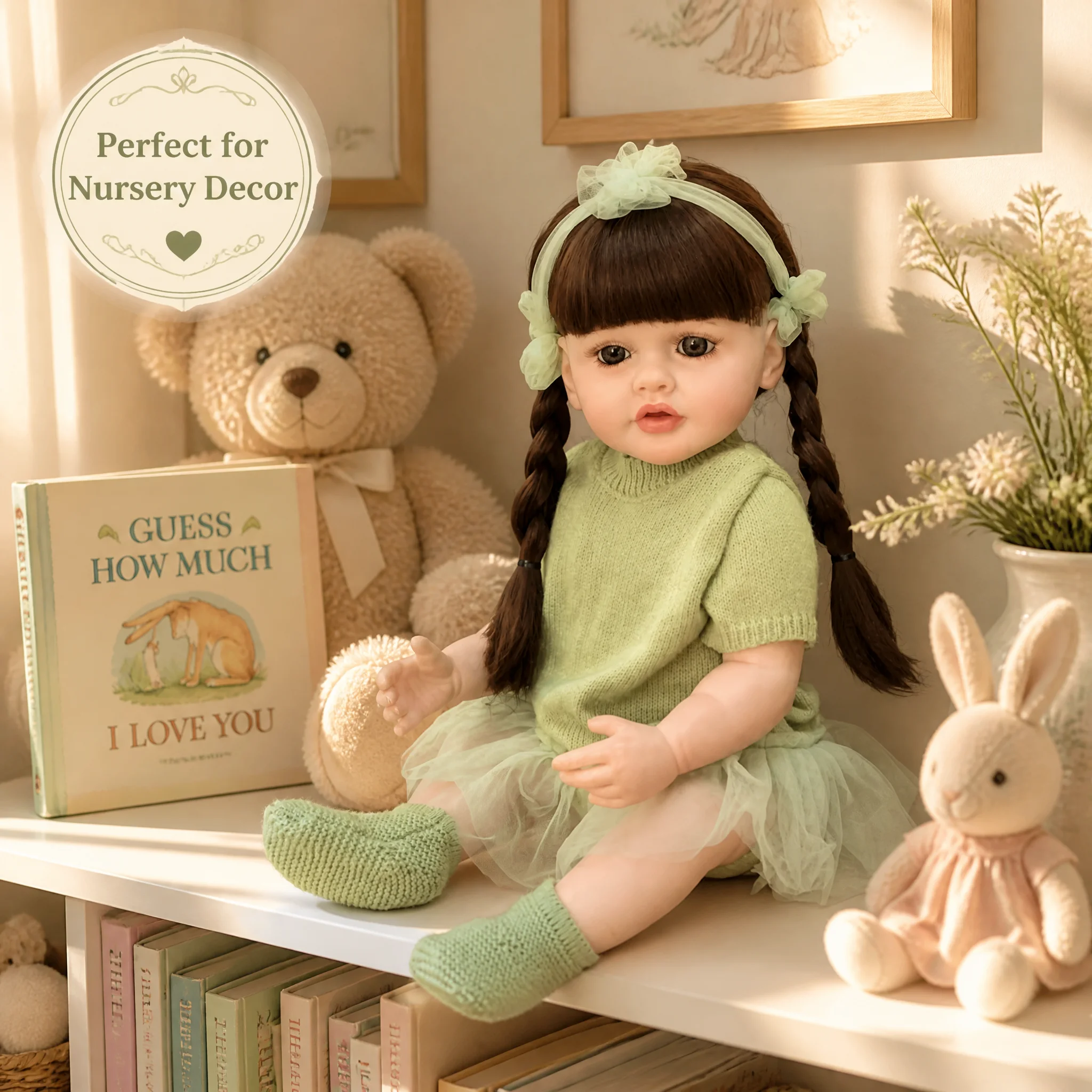 22 Inch Lifelike Reborn Doll Long Hair for Girls Realistic Newborn Soft Vinyl Handmade Toy with Green Outfit And Accessories
