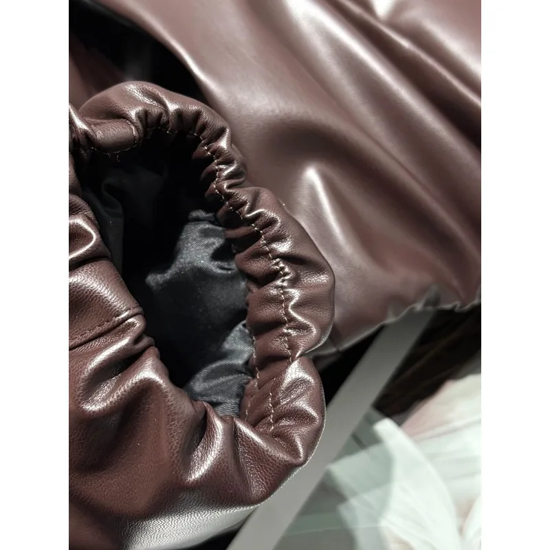 [YOZOU] Winter Loose Brown PU Faux Leather Padded Luxury Padding Zipper Coat Short Bomber Jacket Women Outerwear Stylish Korean