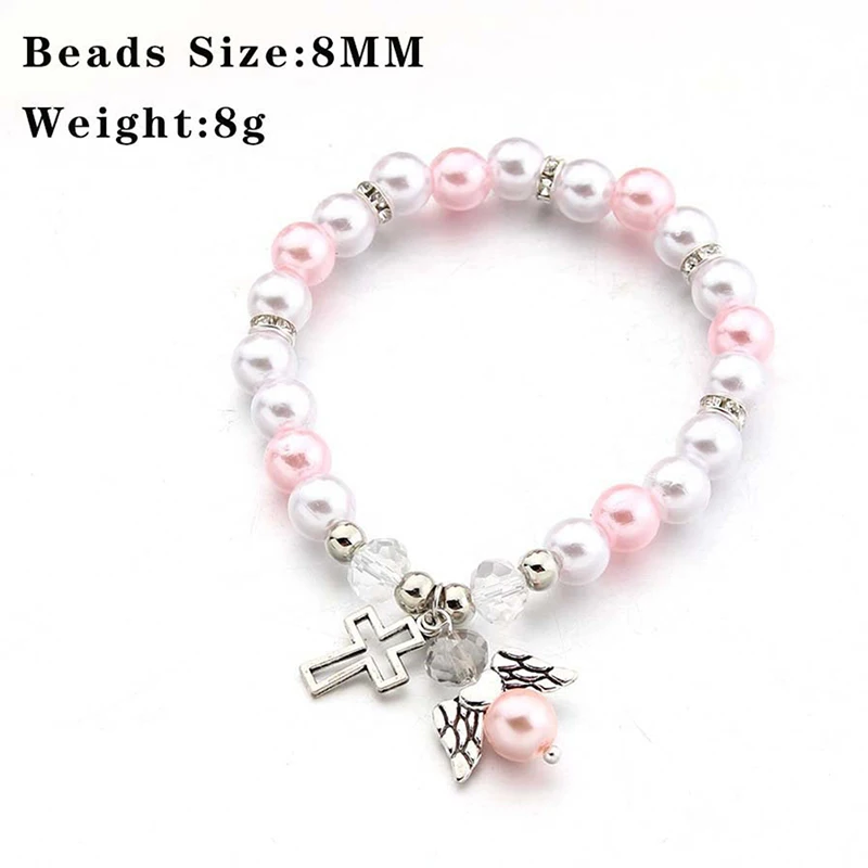 Religious Pearl Bracelet Angel Wing Cross Beaded Bracelet Baby Shower Girl Boy Baptism Gift