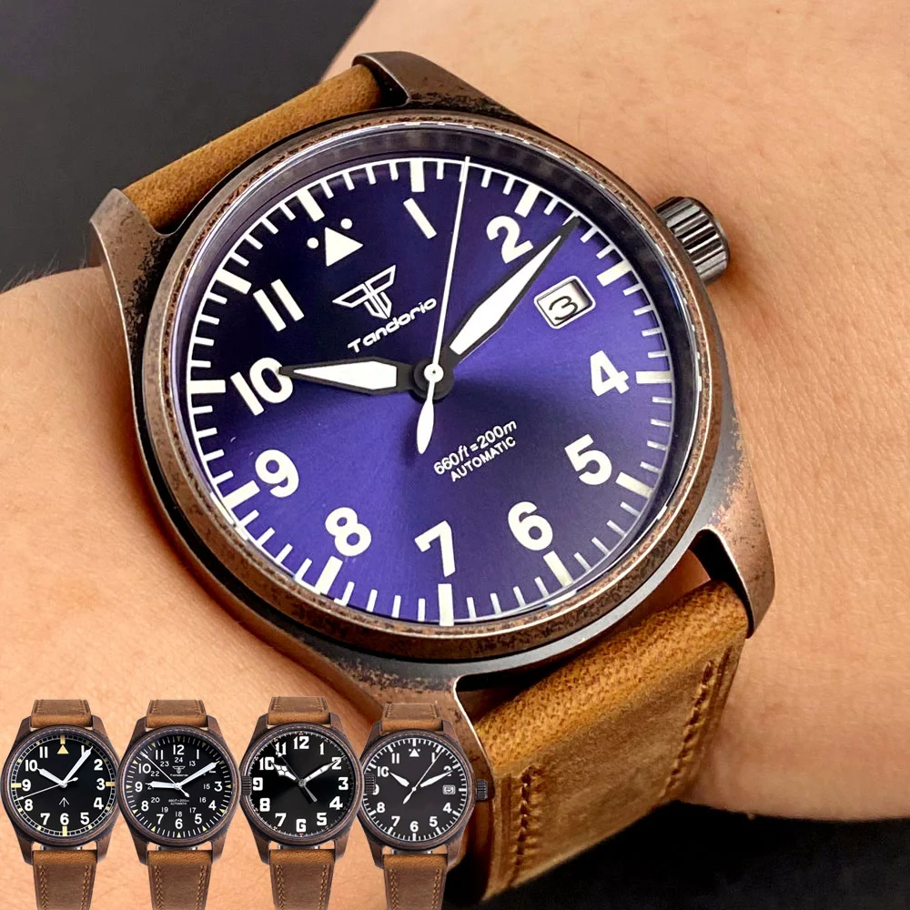 Tandorio 39mm Retro Pilot Case Electroplated-Copper NH35 Movement Automatic Men Watch Sapphire Crystal Diver 20BAR Waterproof