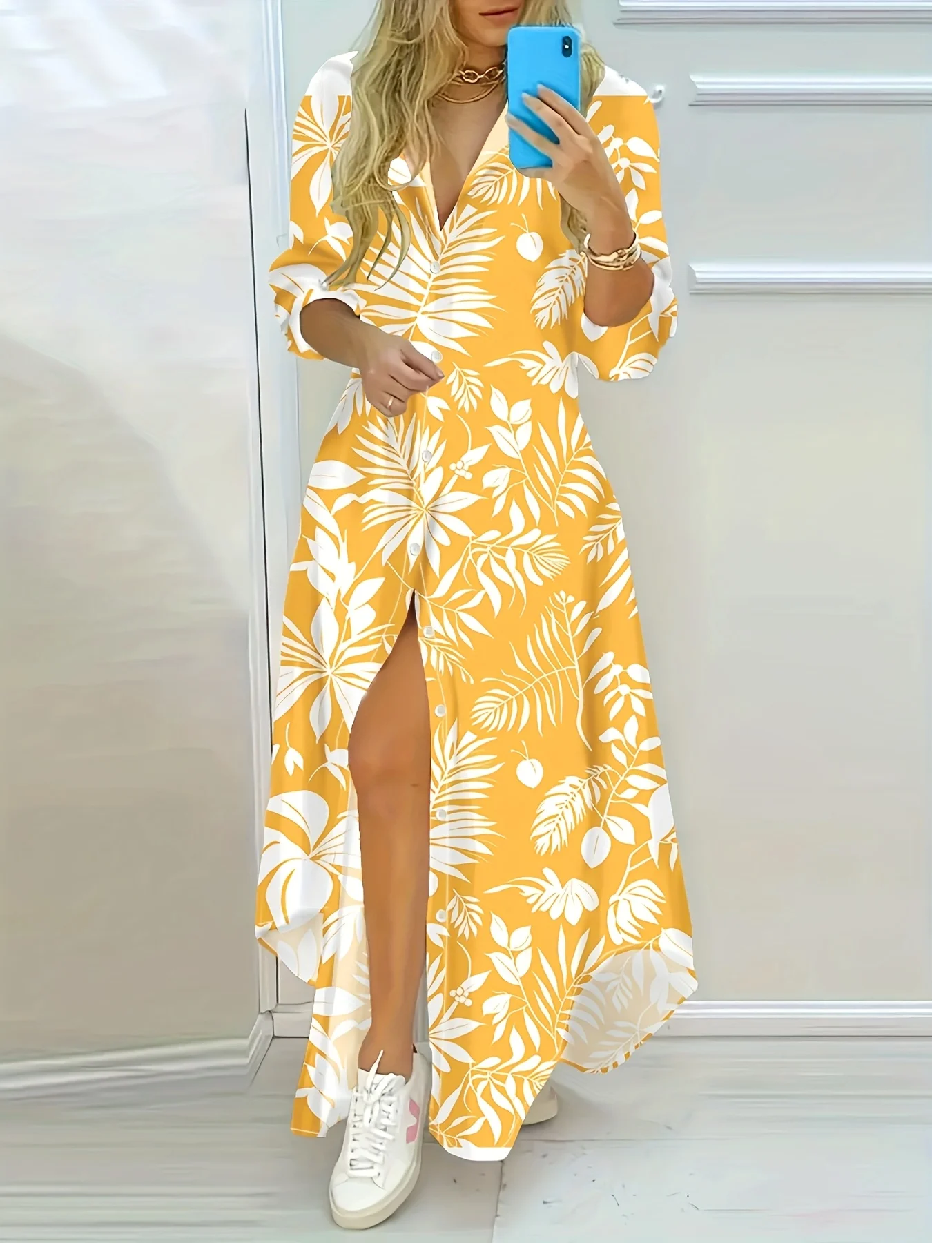 Langärmliges Blumenkleid für Damen, A-Linien-Midikleid mit Waldmuster, lässiges Sommerkleid, Herbstkleid, elegantes Bürokleid, modisch