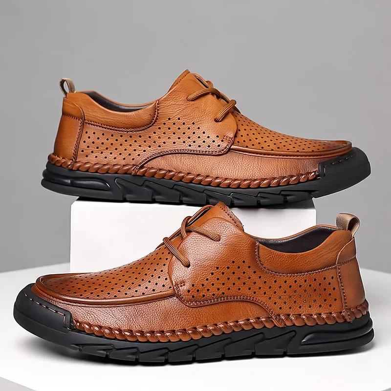 

Новая мужская кожаная повседневная обувь, летние микропористые кожаные сандалии, лаконичные лоферы на шнуровке